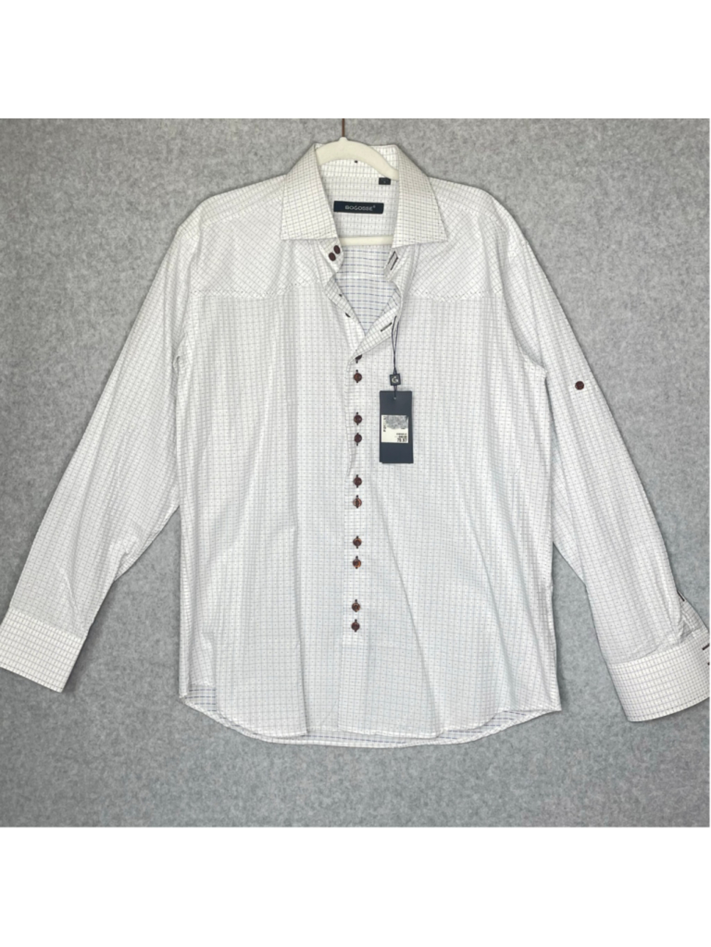 Bogosse Mens Shirt XL White Blue Check Long Sleeve Button Down Designer Cotton